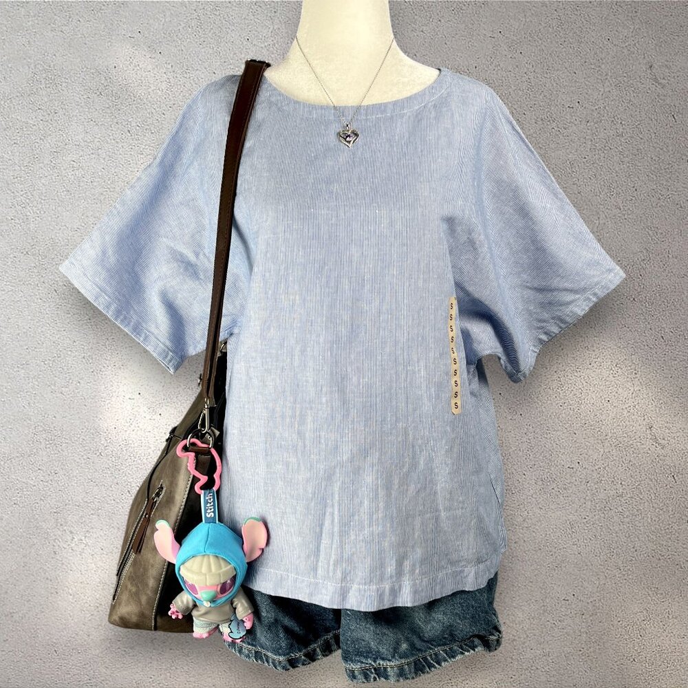 Muji Light Blue Linen-Blend Short Sleeve Blouse
